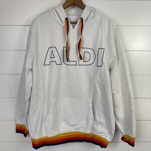 Adult Unisex ALDI Rainbow Logo Hoodie Pullover Sweatshirt White sz L